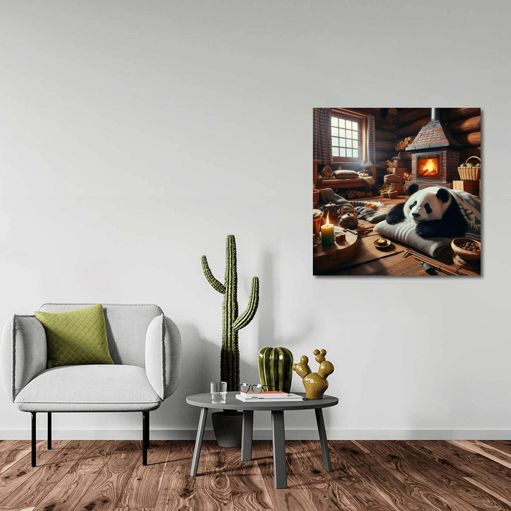 Panda by the Fireplace in the Mountain Hut: Coziness and Warmth