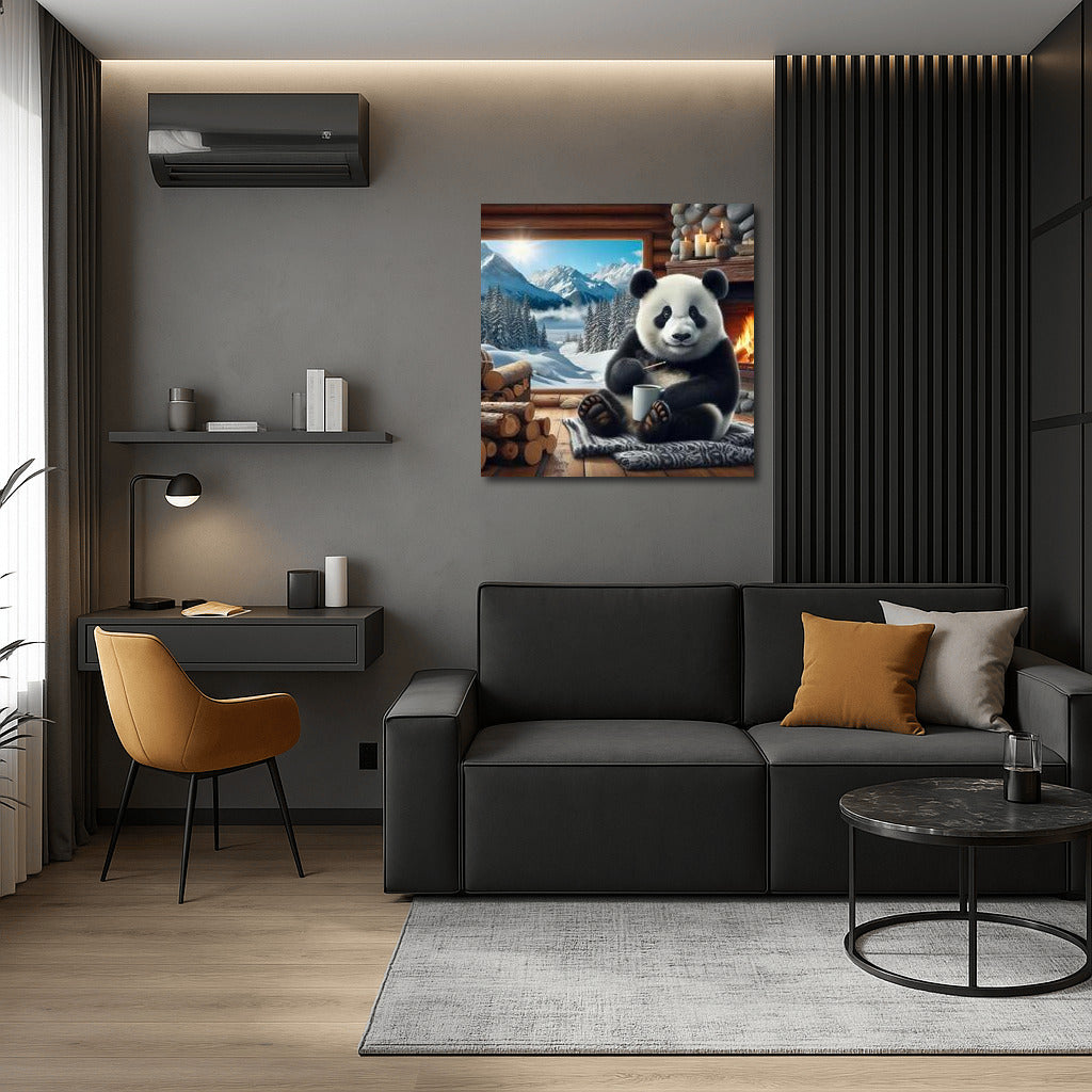 Panda by the Fireplace in the Mountain Hut: Comfort and Tranquility
