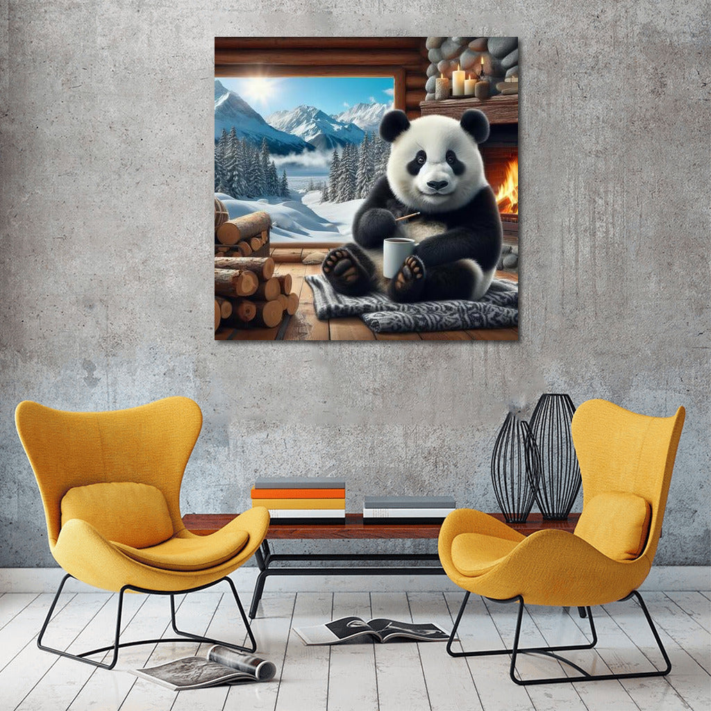 Panda by the Fireplace in the Mountain Hut: Comfort and Tranquility