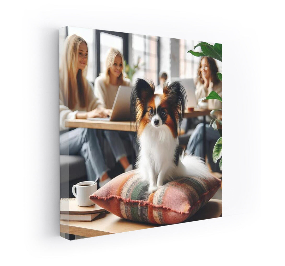 Papillon in the Office: Stylish Dog on a Pillow Among Colleagues