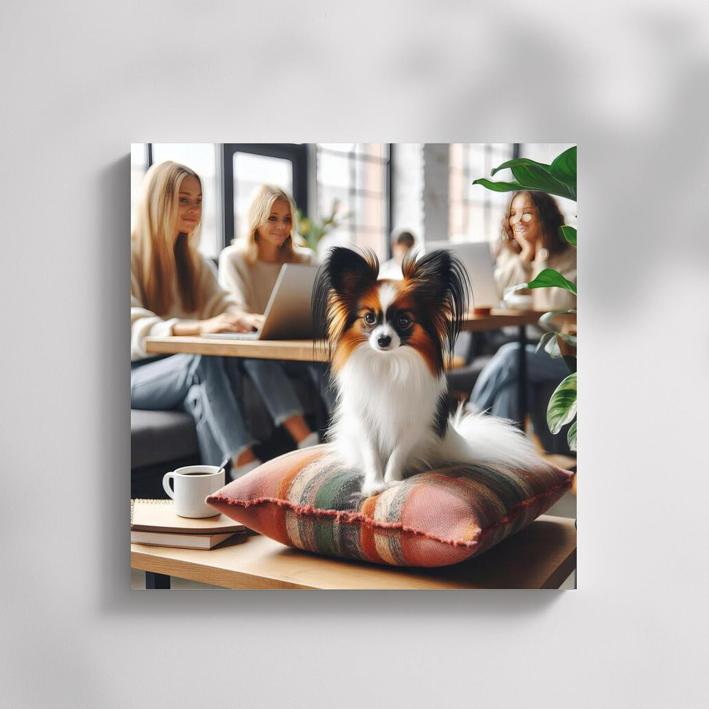 Papillon in the Office: Stylish Dog on a Pillow Among Colleagues