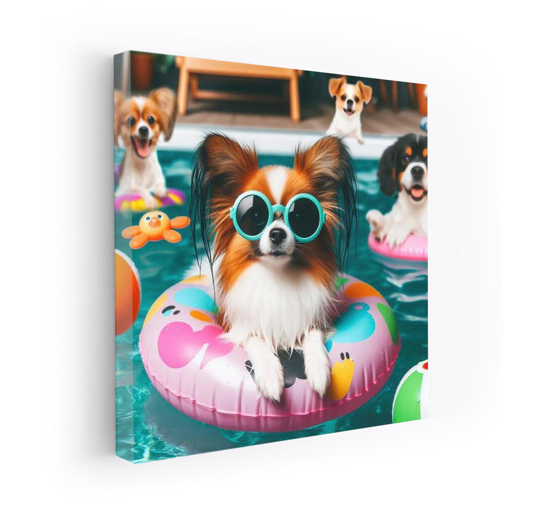 Happy Papillon in Glasses at Pool Party