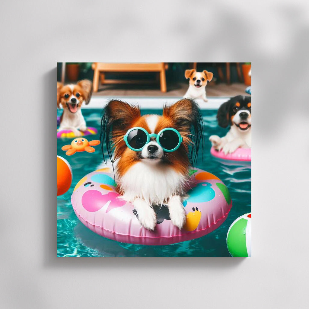 Happy Papillon in Glasses at Pool Party