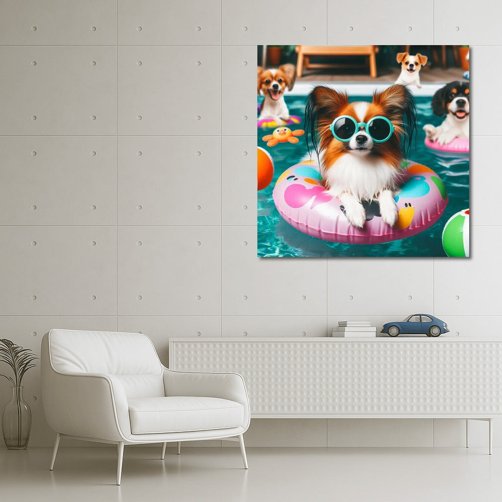 Happy Papillon in Glasses at Pool Party