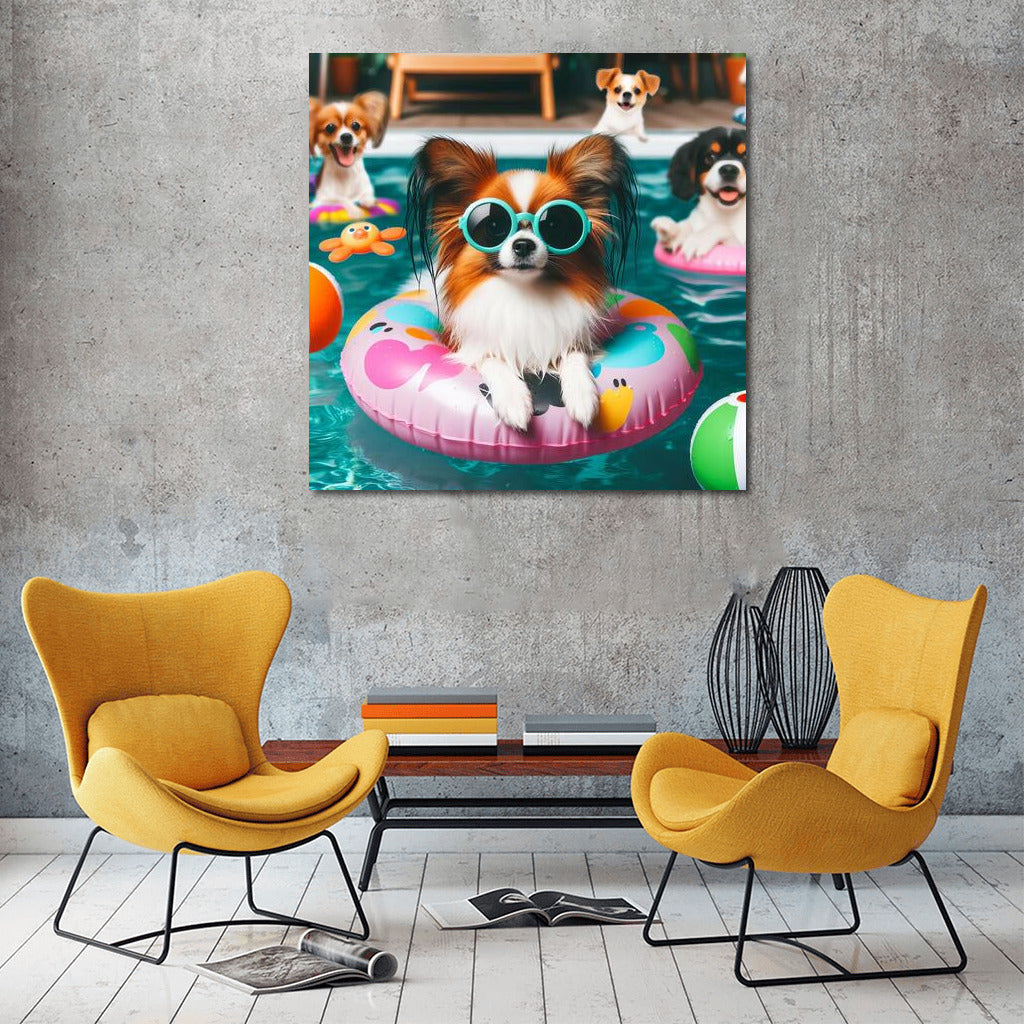Happy Papillon in Glasses at Pool Party