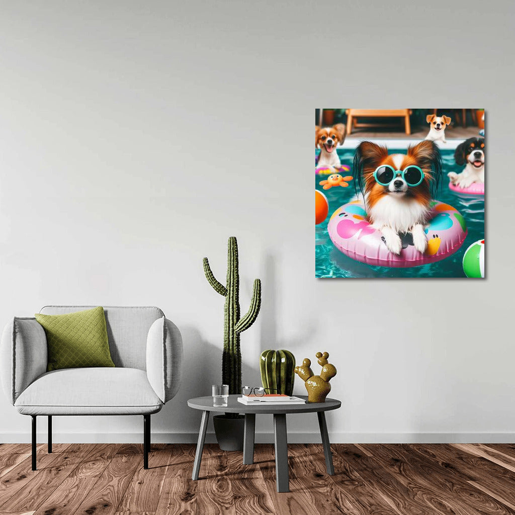 Happy Papillon in Glasses at Pool Party
