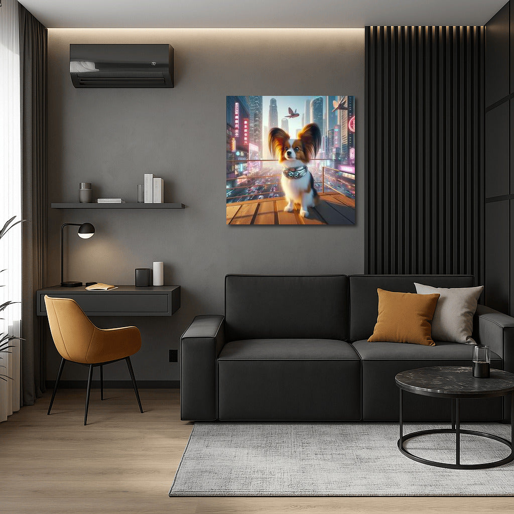 Neon Papillon in the City of the Future: A Graceful Dog in the Metropolis