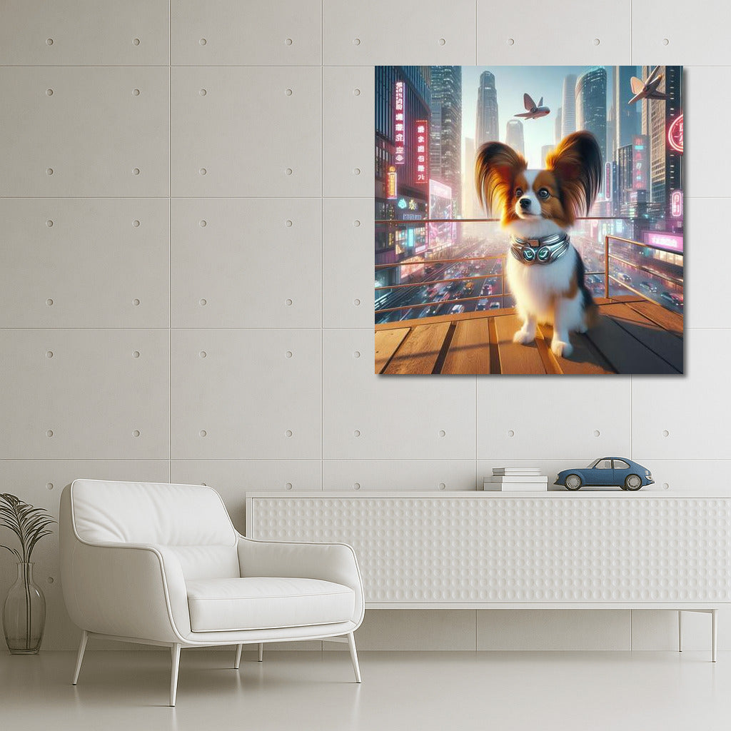 Neon Papillon in the City of the Future: A Graceful Dog in the Metropolis