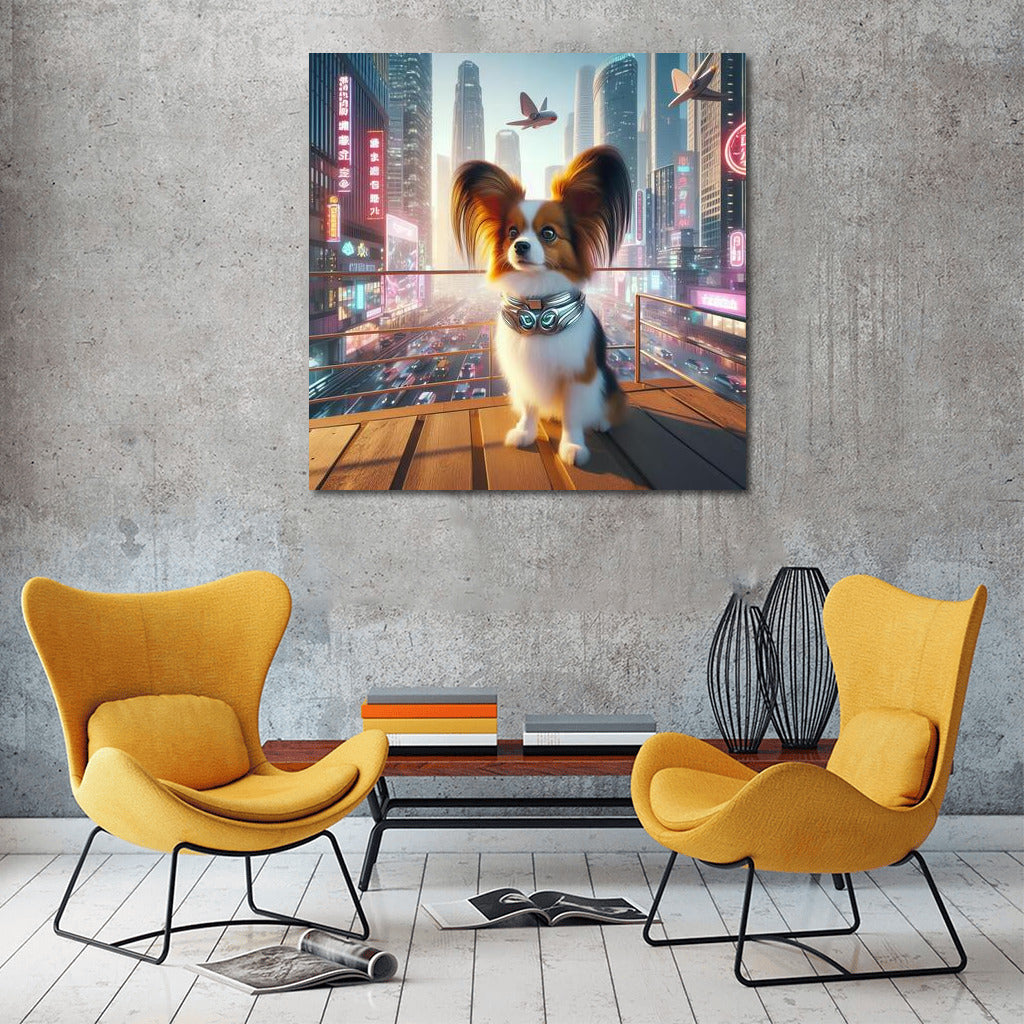 Neon Papillon in the City of the Future: A Graceful Dog in the Metropolis