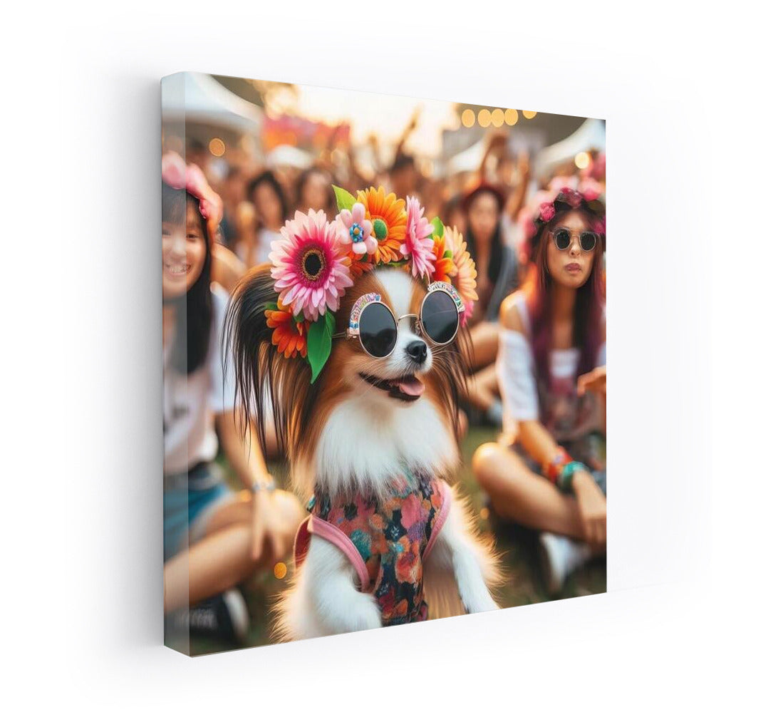 Papillon at the Music Festival: A Bright Dog in a Flower Wreath and Glasses