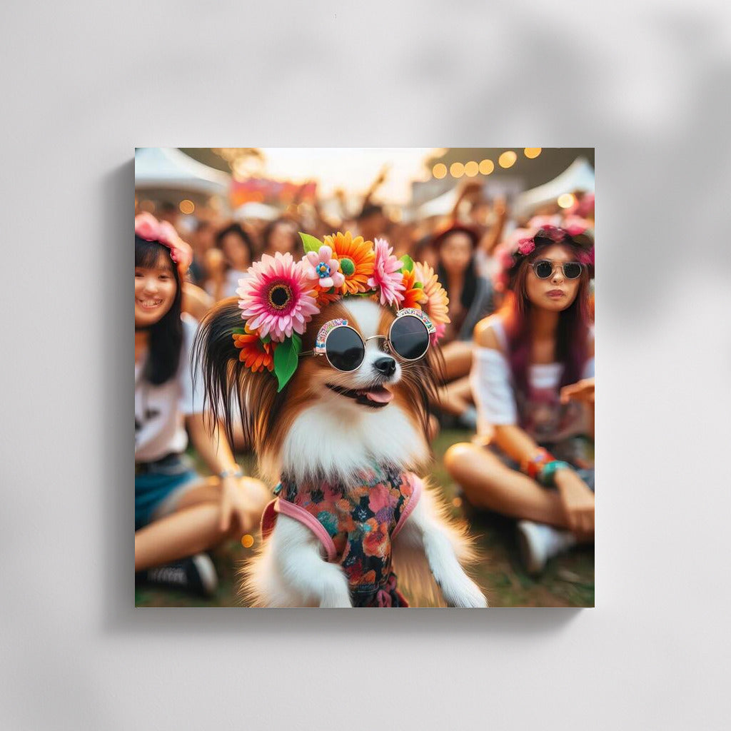 Papillon at the Music Festival: A Bright Dog in a Flower Wreath and Glasses