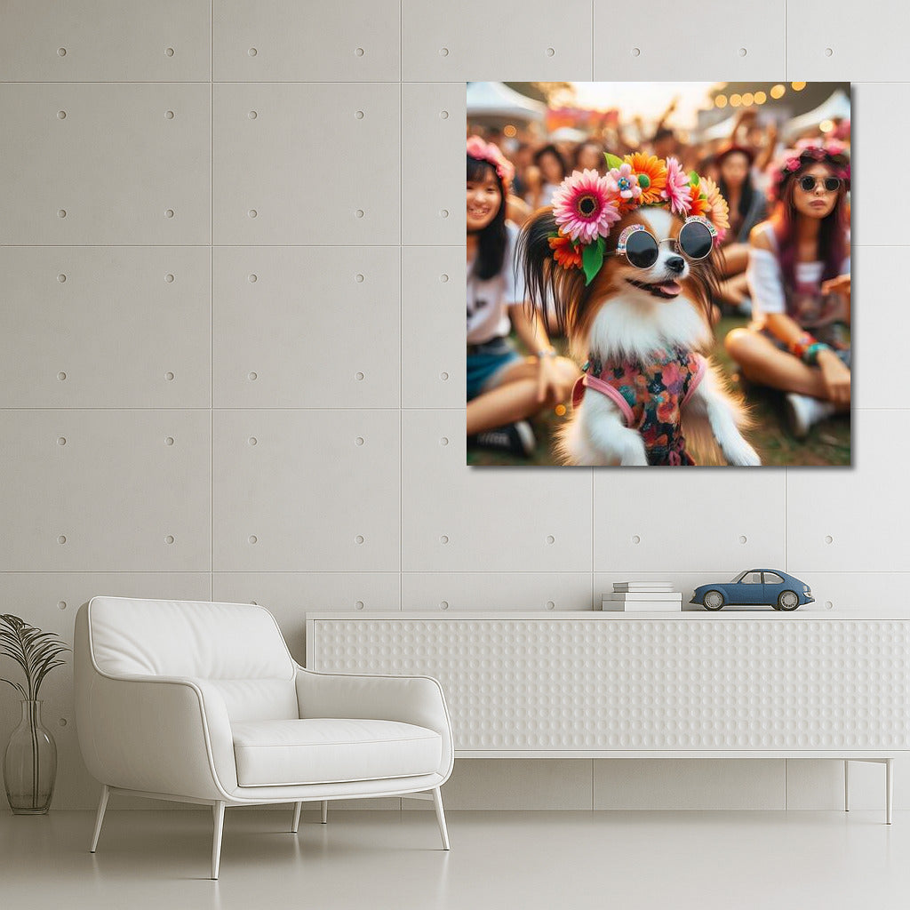 Papillon at the Music Festival: A Bright Dog in a Flower Wreath and Glasses