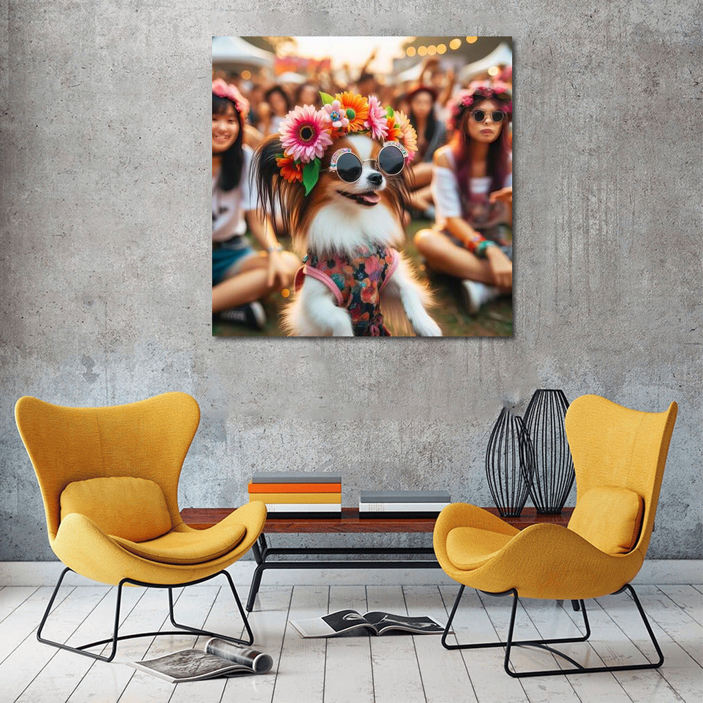 Papillon at the Music Festival: A Bright Dog in a Flower Wreath and Glasses
