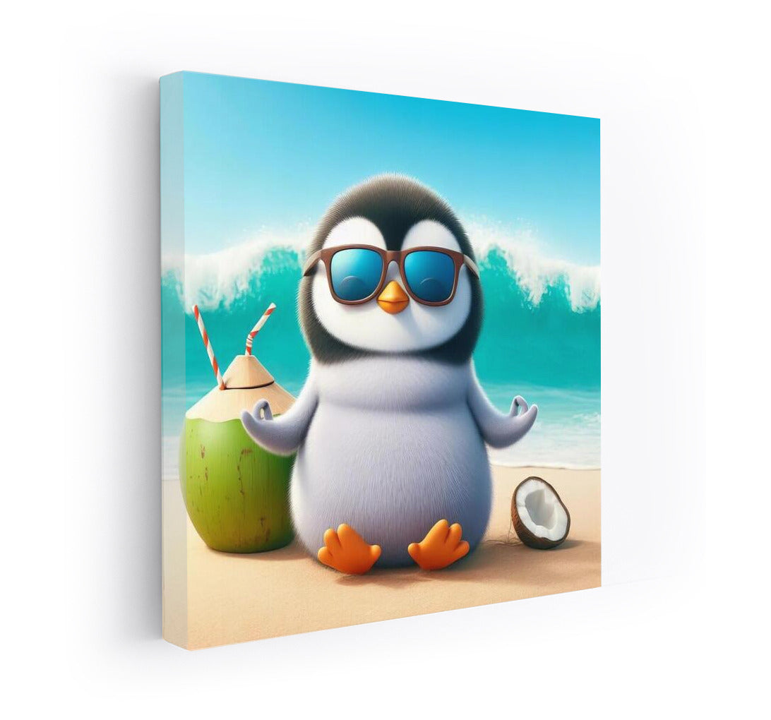 Meditating Penguin on the Beach: Harmony and Fun in the Interior