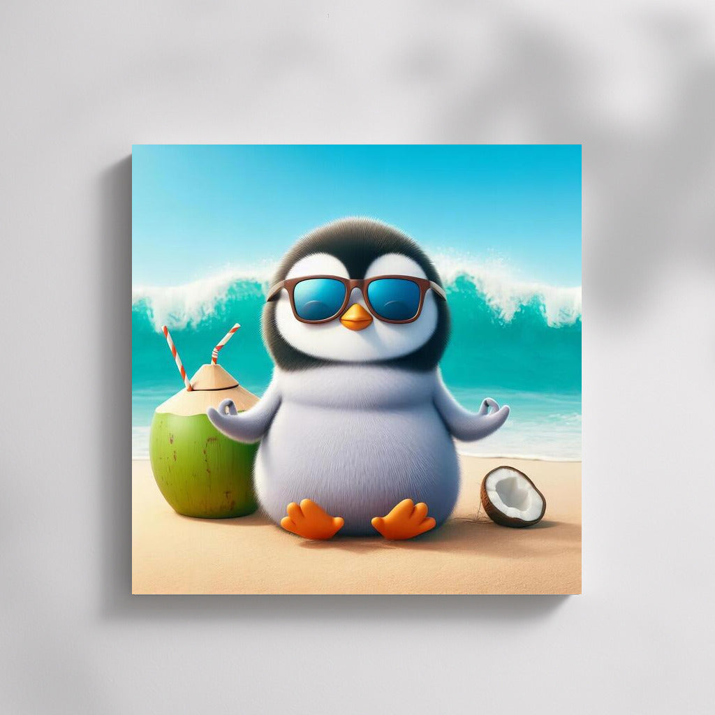 Meditating Penguin on the Beach: Harmony and Fun in the Interior