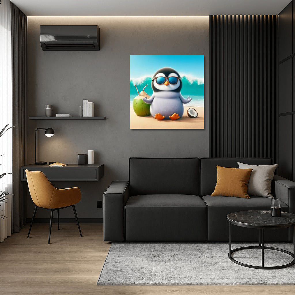Meditating Penguin on the Beach: Harmony and Fun in the Interior