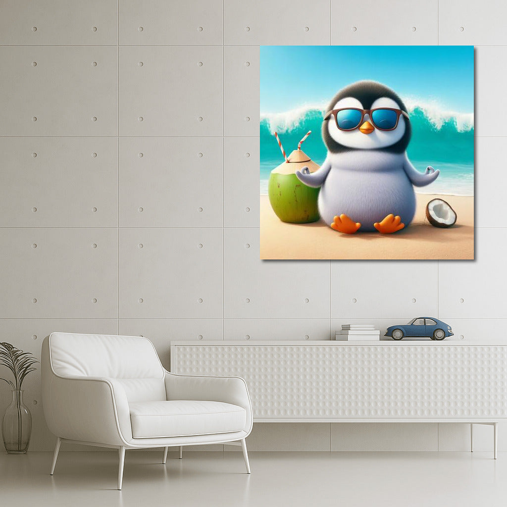 Meditating Penguin on the Beach: Harmony and Fun in the Interior