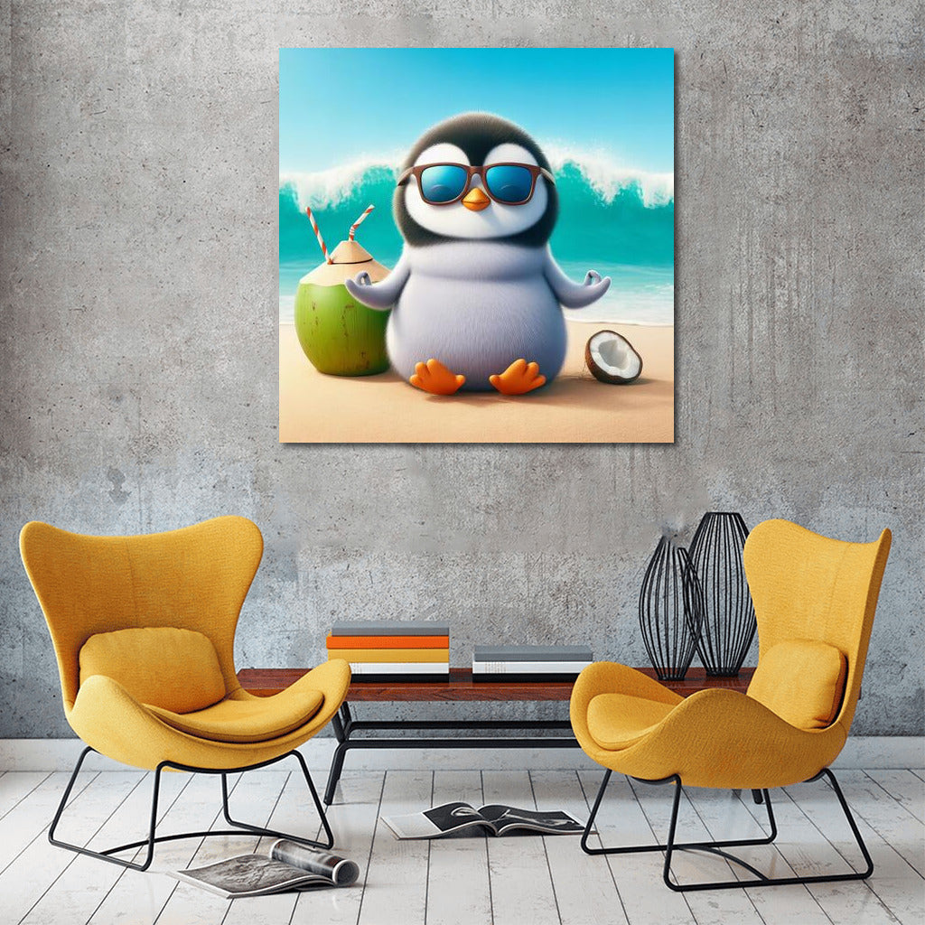 Meditating Penguin on the Beach: Harmony and Fun in the Interior
