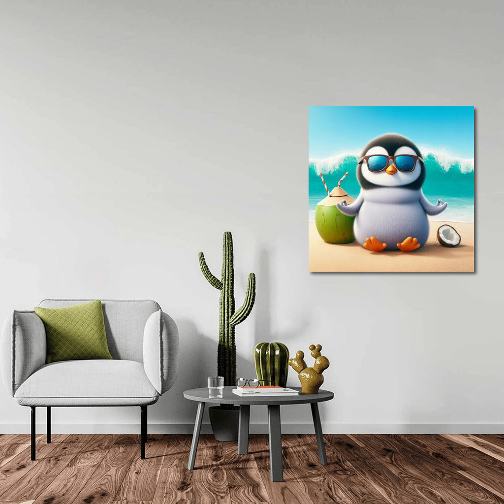 Meditating Penguin on the Beach: Harmony and Fun in the Interior