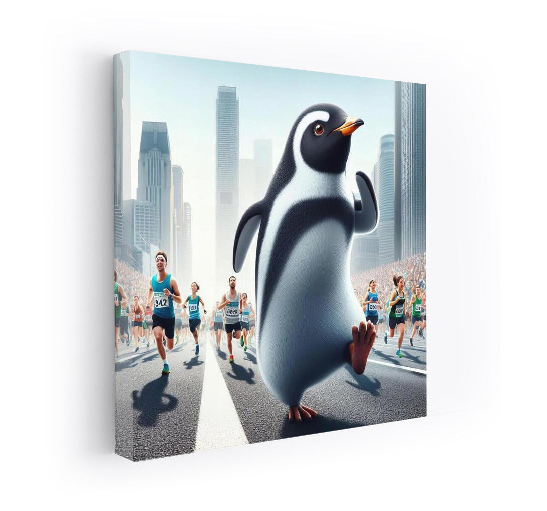 Marathon Penguin in Skyscraper City: Humorous Wall Art
