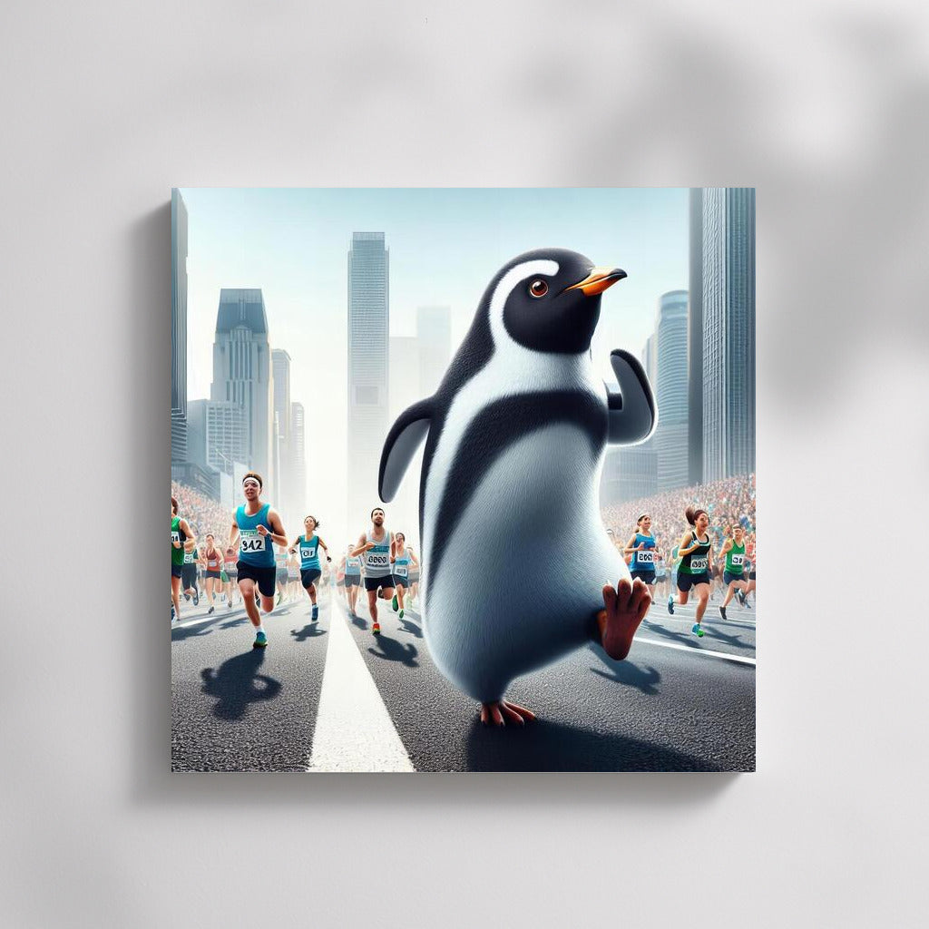 Marathon Penguin in Skyscraper City: Humorous Wall Art