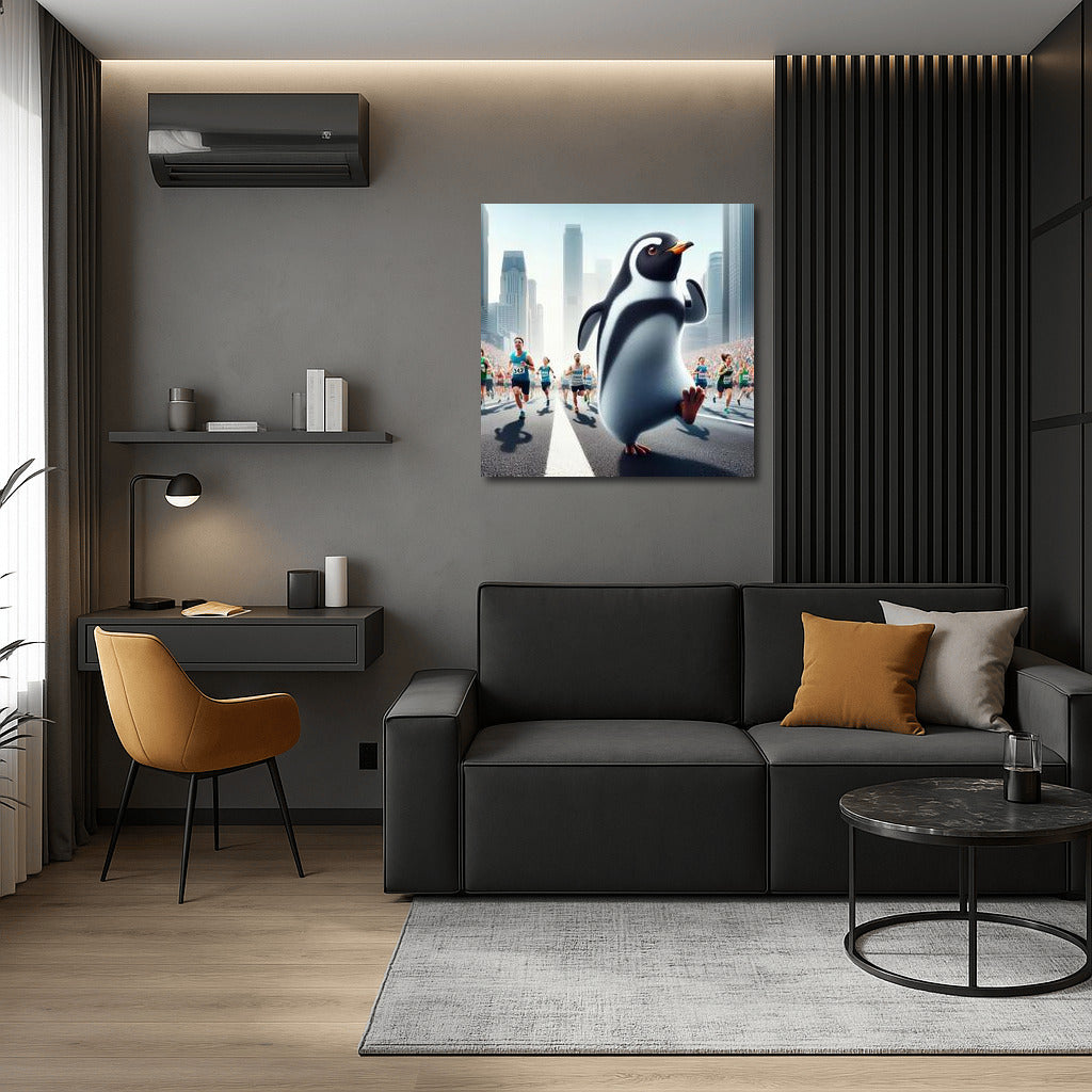 Marathon Penguin in Skyscraper City: Humorous Wall Art