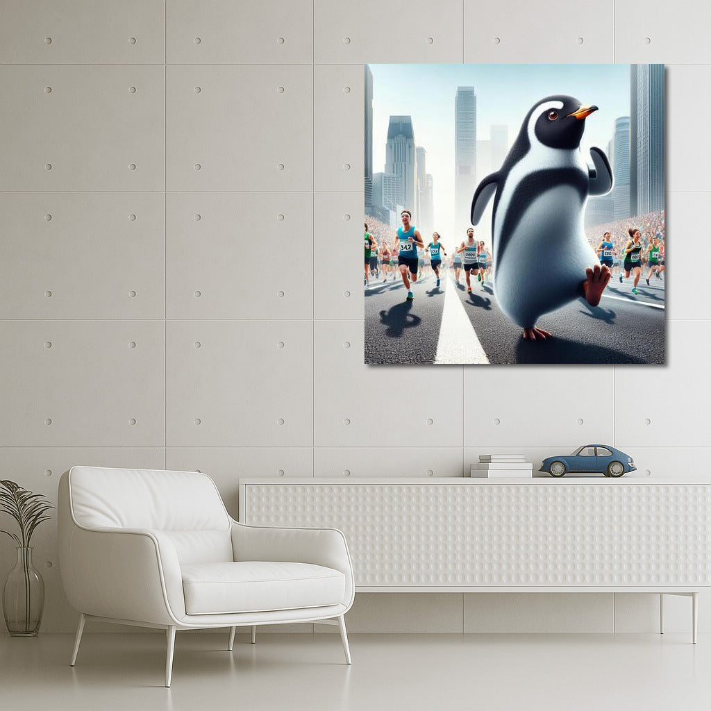 Marathon Penguin in Skyscraper City: Humorous Wall Art