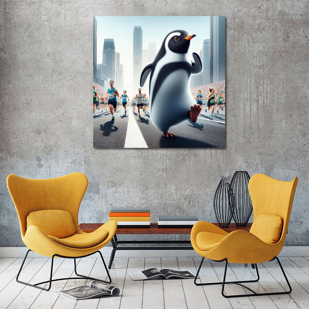 Marathon Penguin in Skyscraper City: Humorous Wall Art