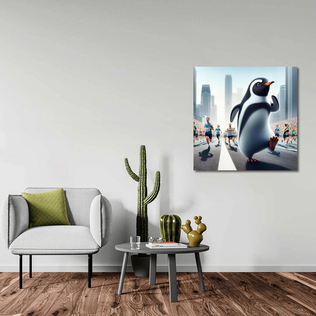 Marathon Penguin in Skyscraper City: Humorous Wall Art