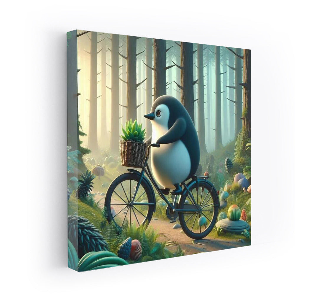 Penguin on a bike in a fairy forest: Magical journey