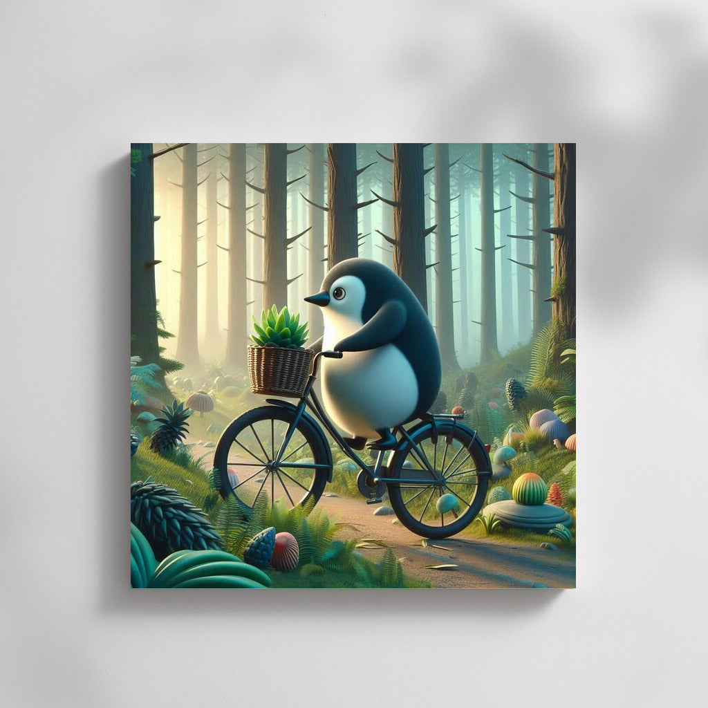 Penguin on a bike in a fairy forest: Magical journey