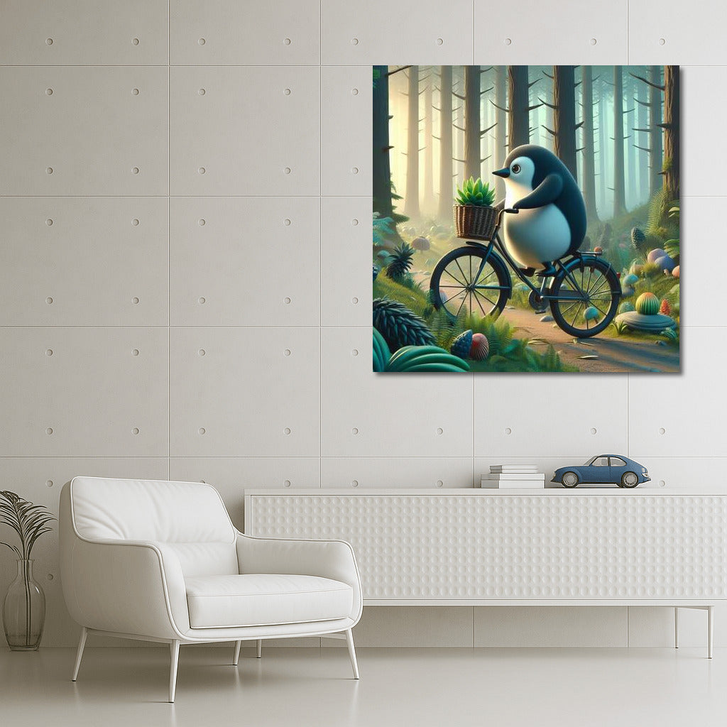 Penguin on a bike in a fairy forest: Magical journey
