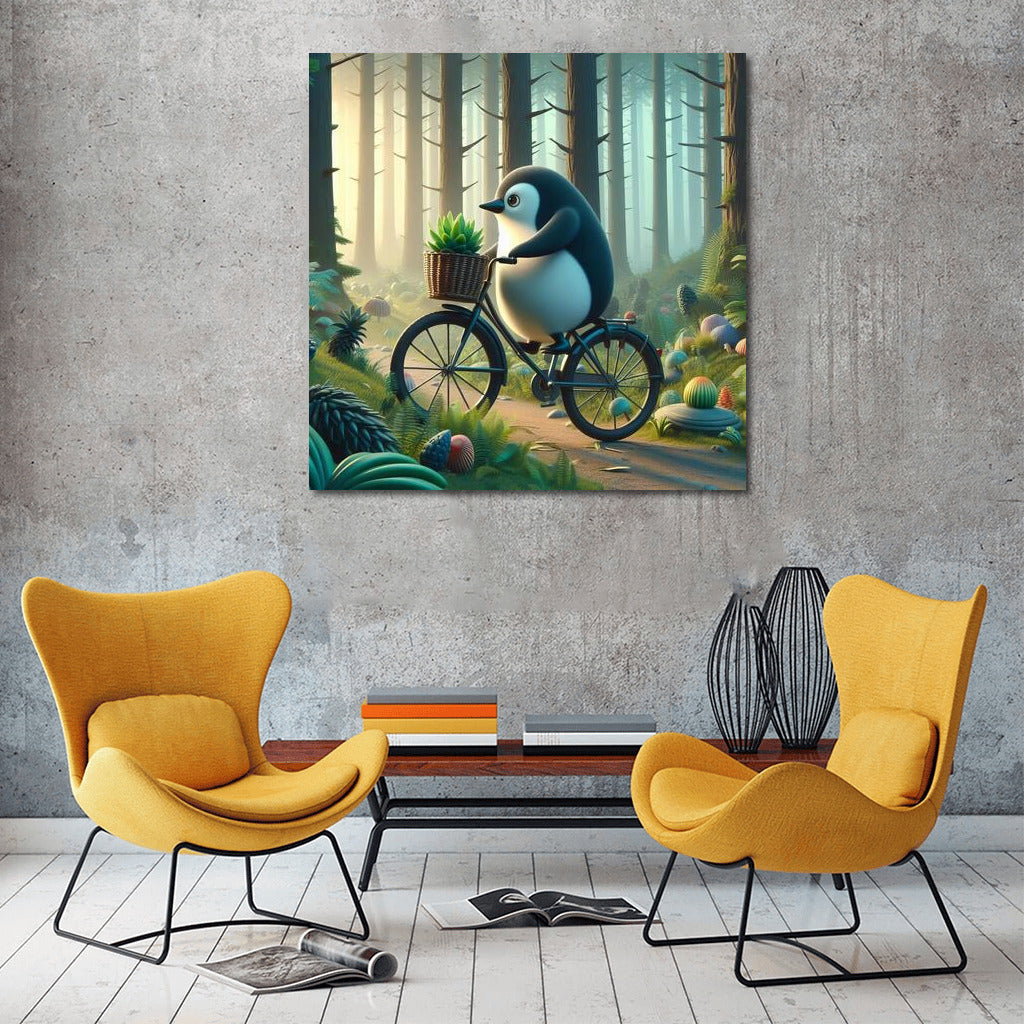 Penguin on a bike in a fairy forest: Magical journey
