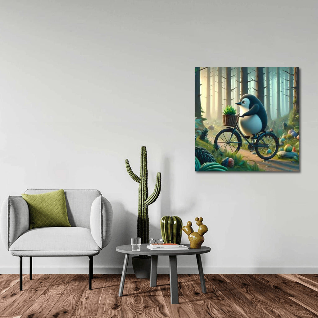 Penguin on a bike in a fairy forest: Magical journey