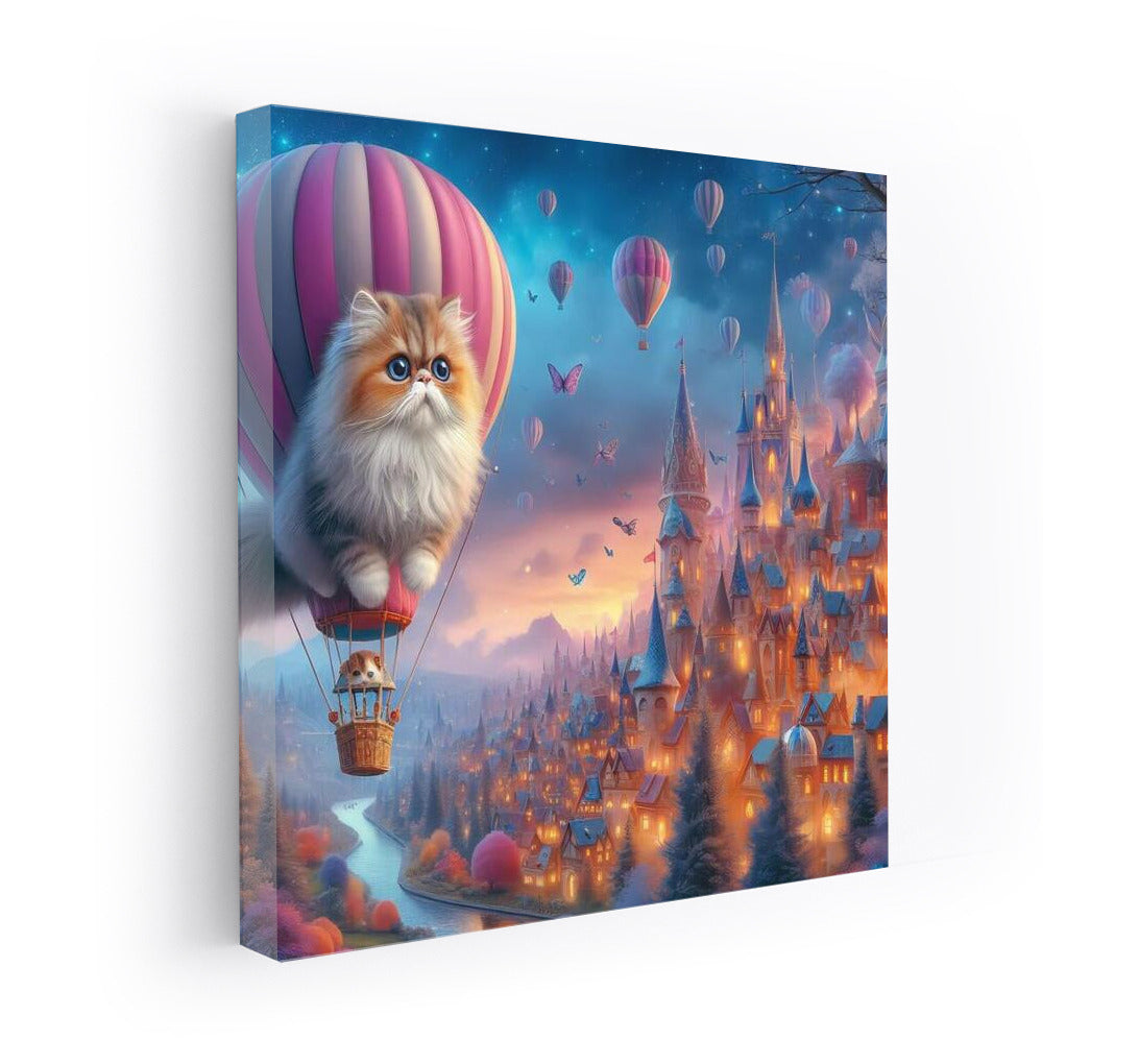 Persian cat in a hot air balloon over a fairytale city
