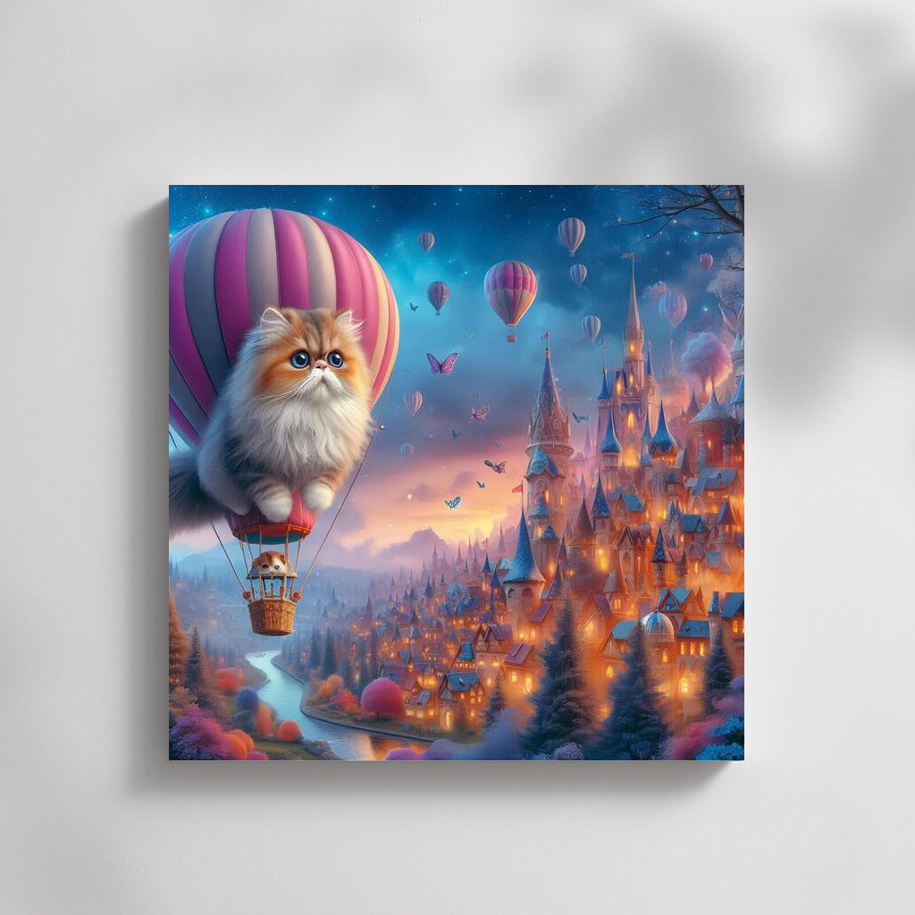 Persian cat in a hot air balloon over a fairytale city