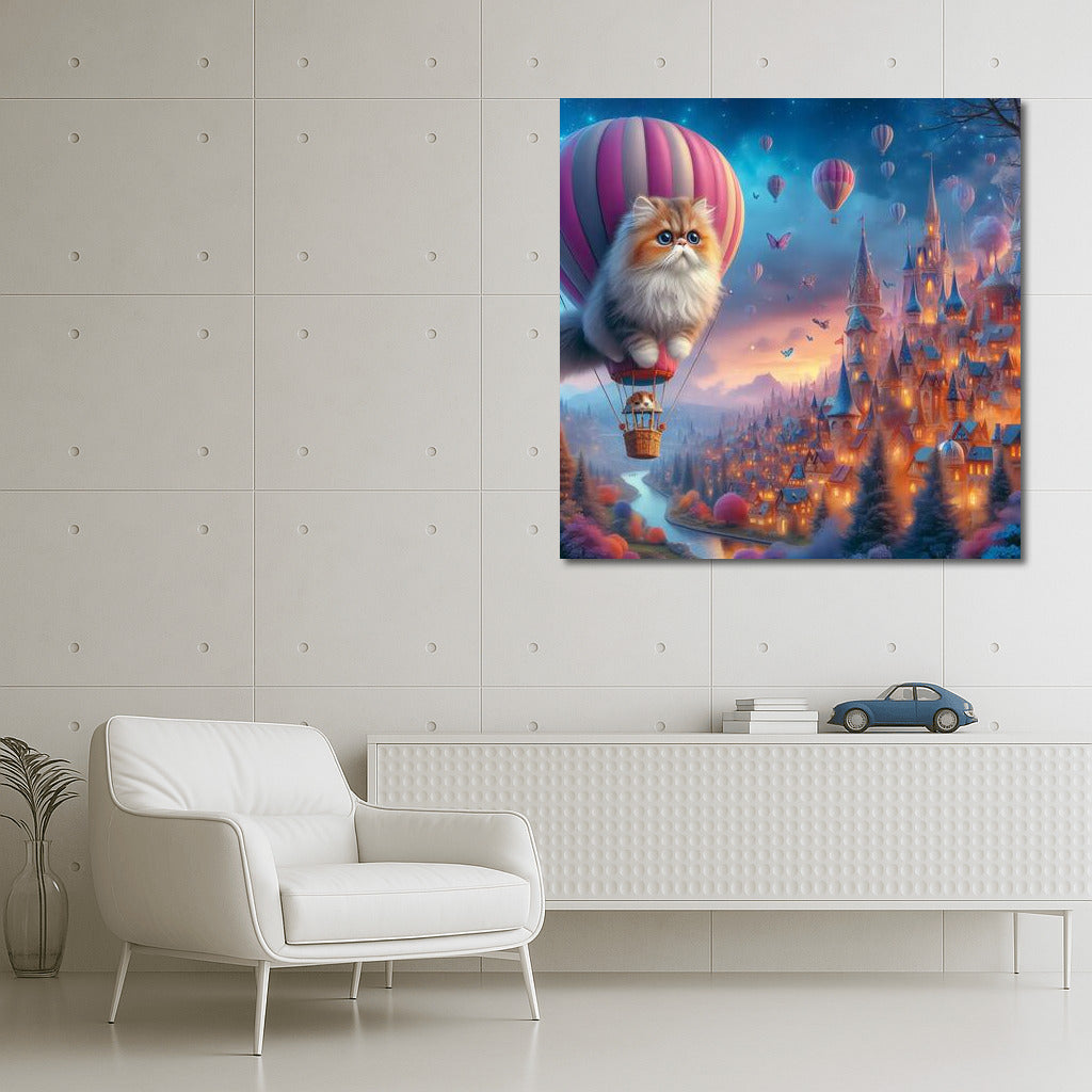 Persian cat in a hot air balloon over a fairytale city