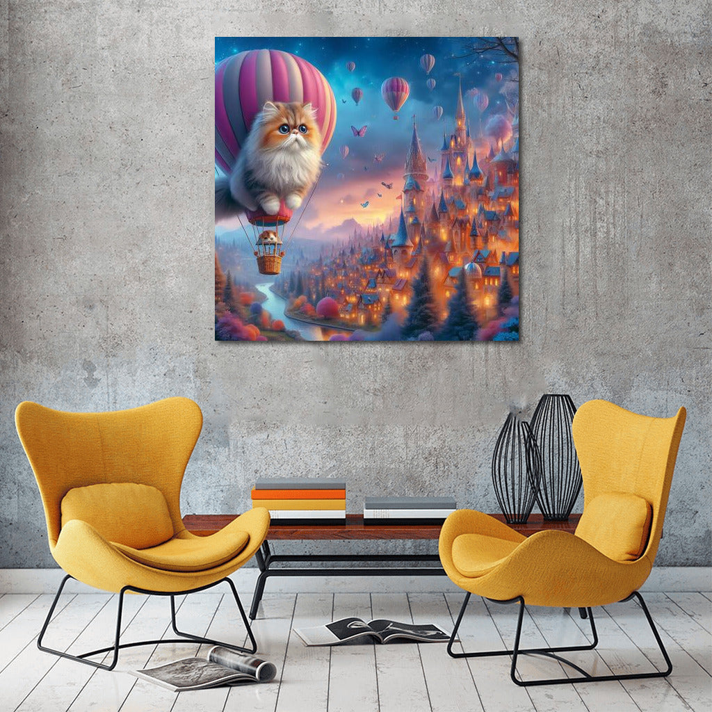 Persian cat in a hot air balloon over a fairytale city