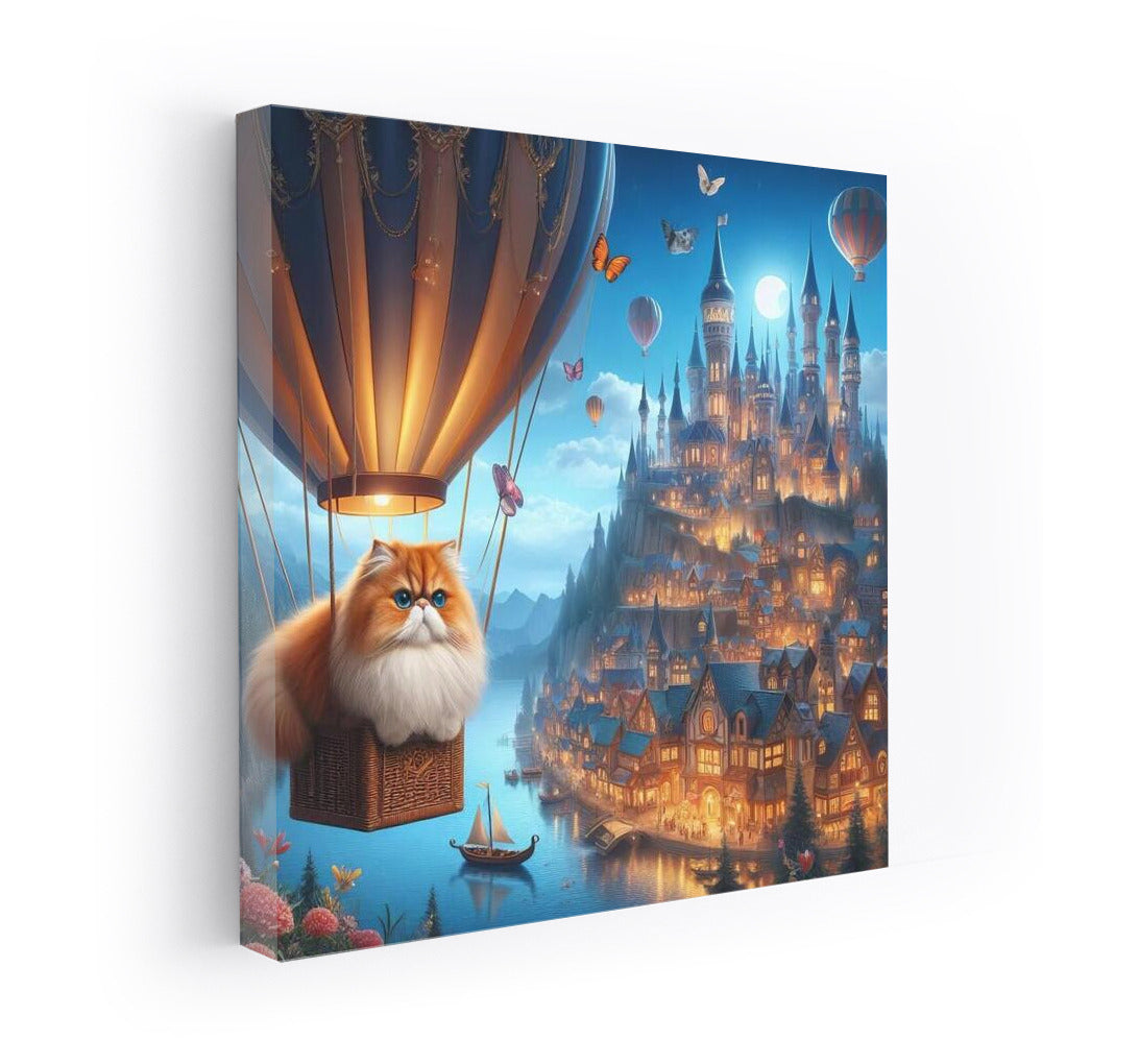 Persian cat floating in a hot air balloon over a fairytale city