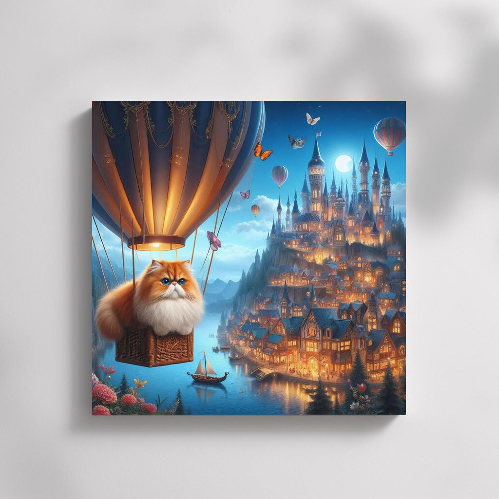 Persian cat floating in a hot air balloon over a fairytale city