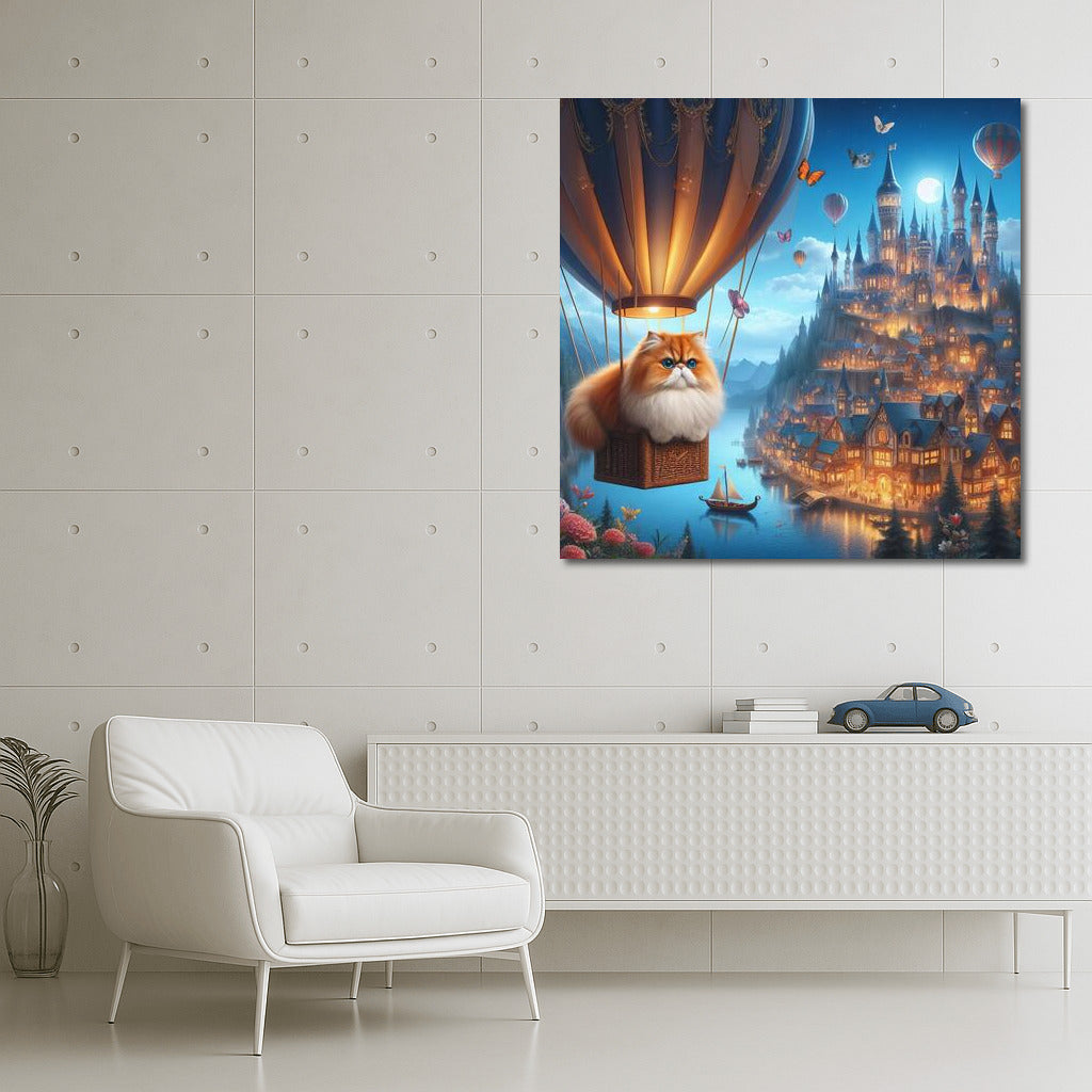 Persian cat floating in a hot air balloon over a fairytale city