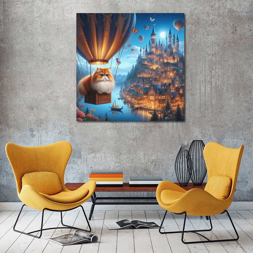 Persian cat floating in a hot air balloon over a fairytale city