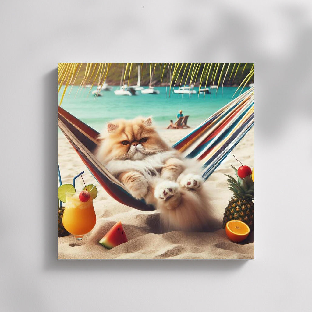 Persian Cat in Paradise: Cocktail and Hammock on the Beach