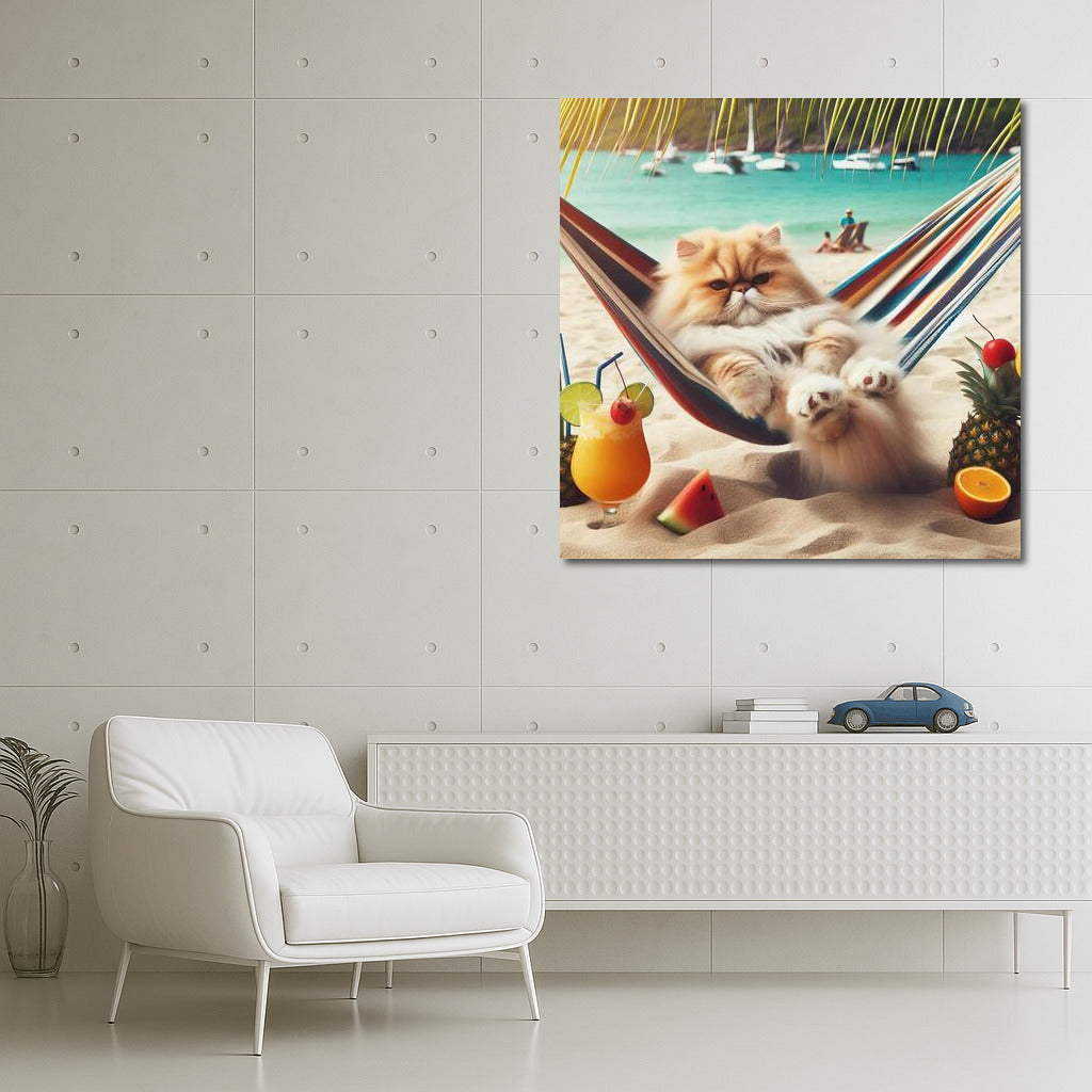 Persian Cat in Paradise: Cocktail and Hammock on the Beach