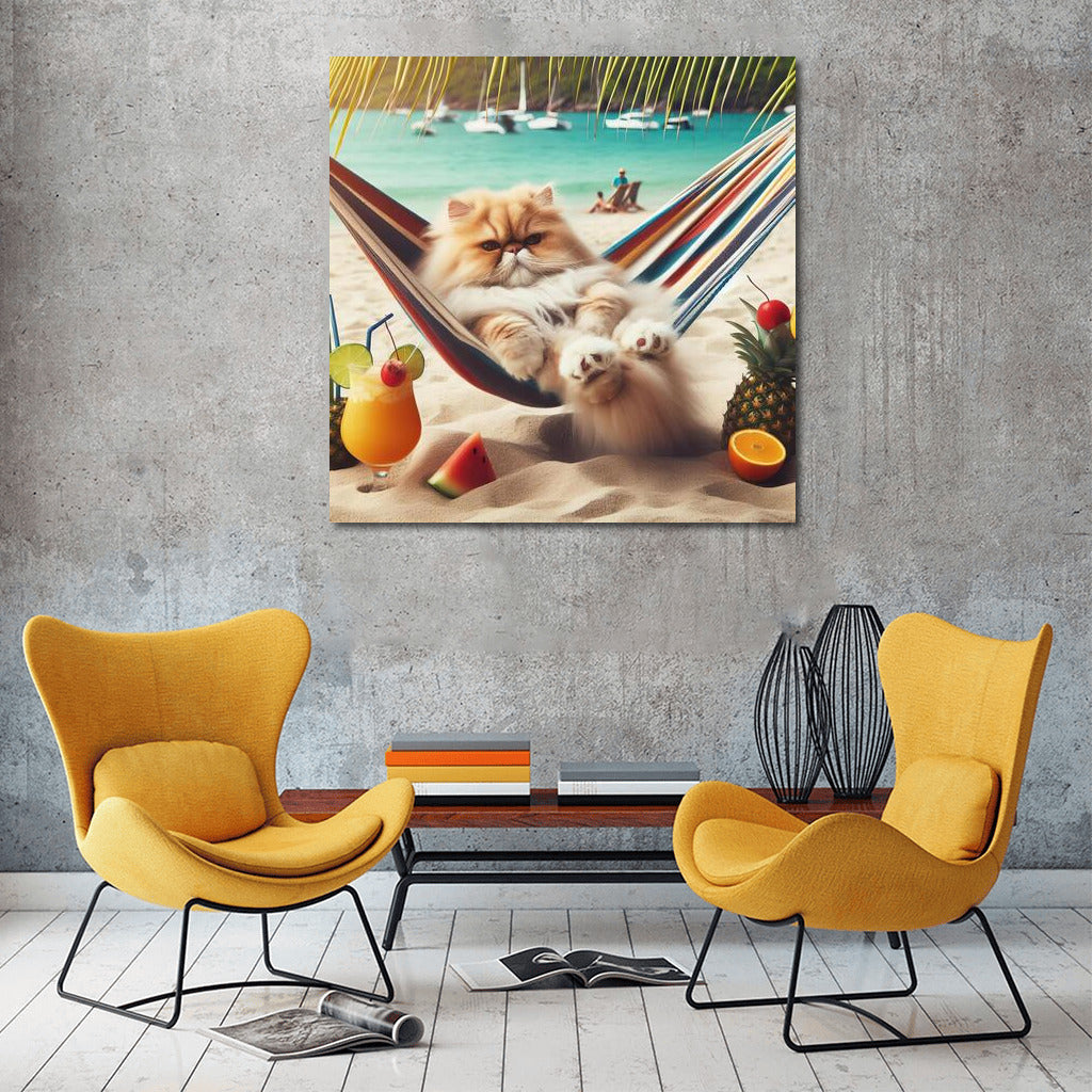 Persian Cat in Paradise: Cocktail and Hammock on the Beach