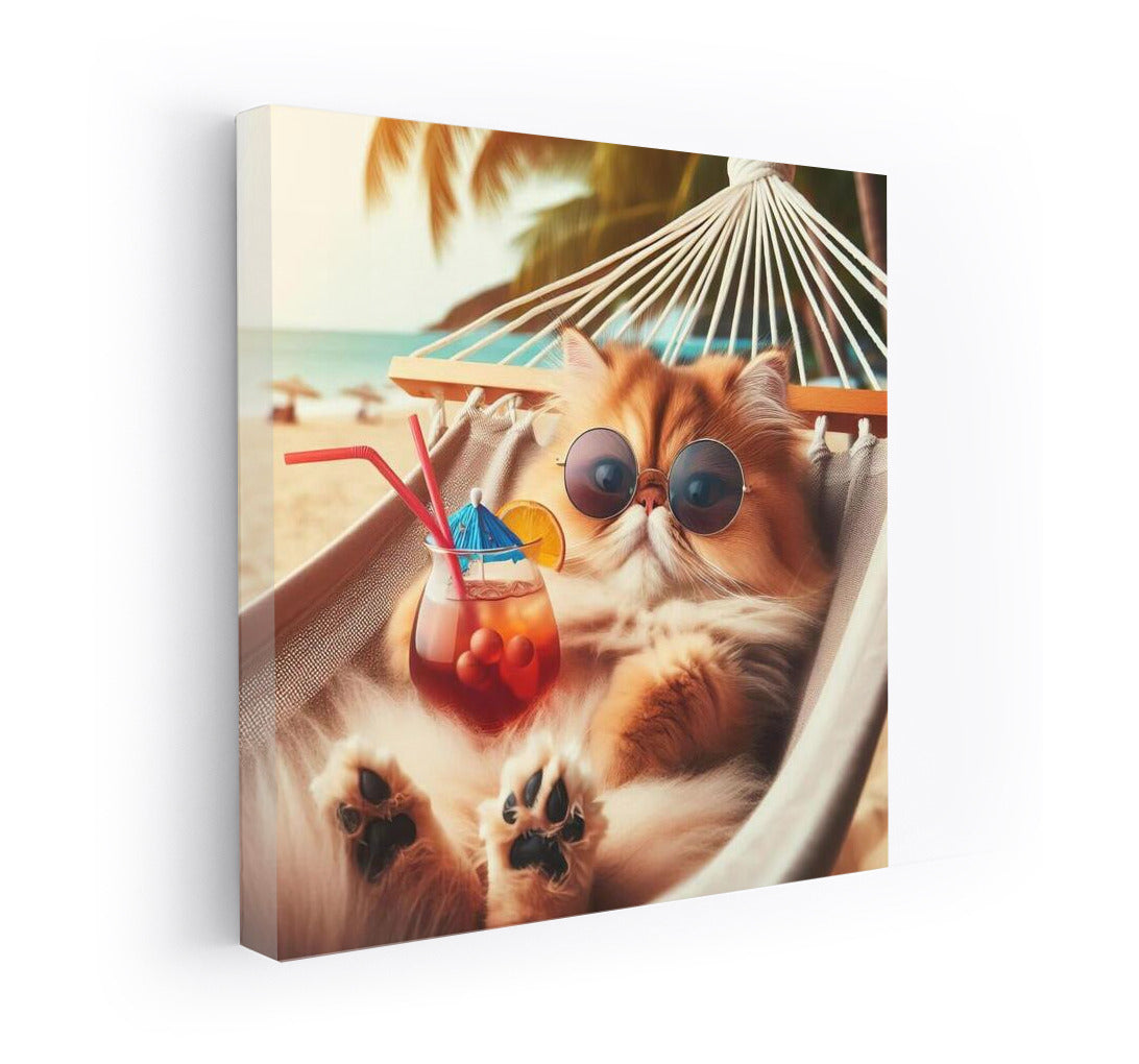 Persian Cat in Paradise: Relaxing in a Hammock on the Beach with a Cocktail