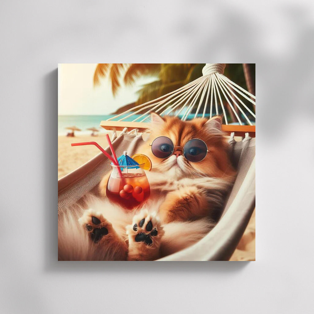 Persian Cat in Paradise: Relaxing in a Hammock on the Beach with a Cocktail