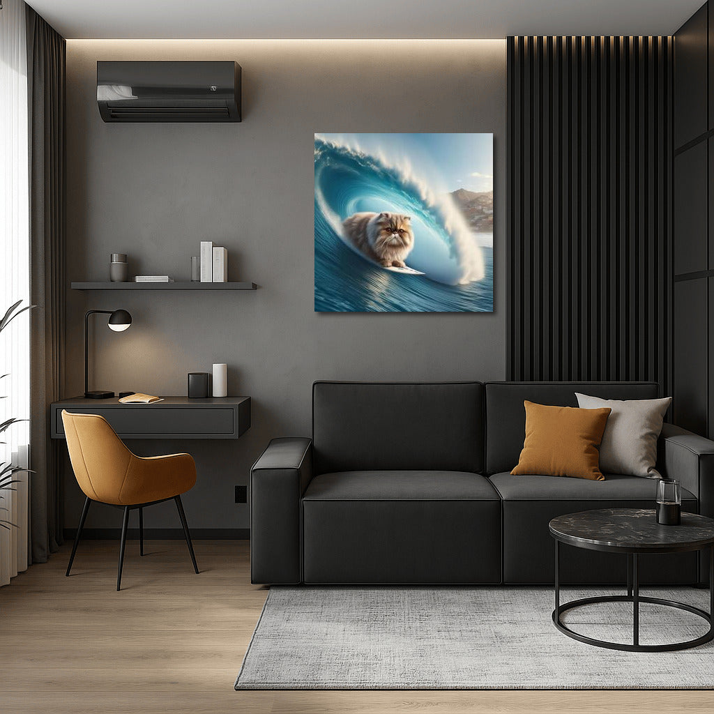 Persian Cat Surfer on a Giant Wave: Dynamics and Charm
