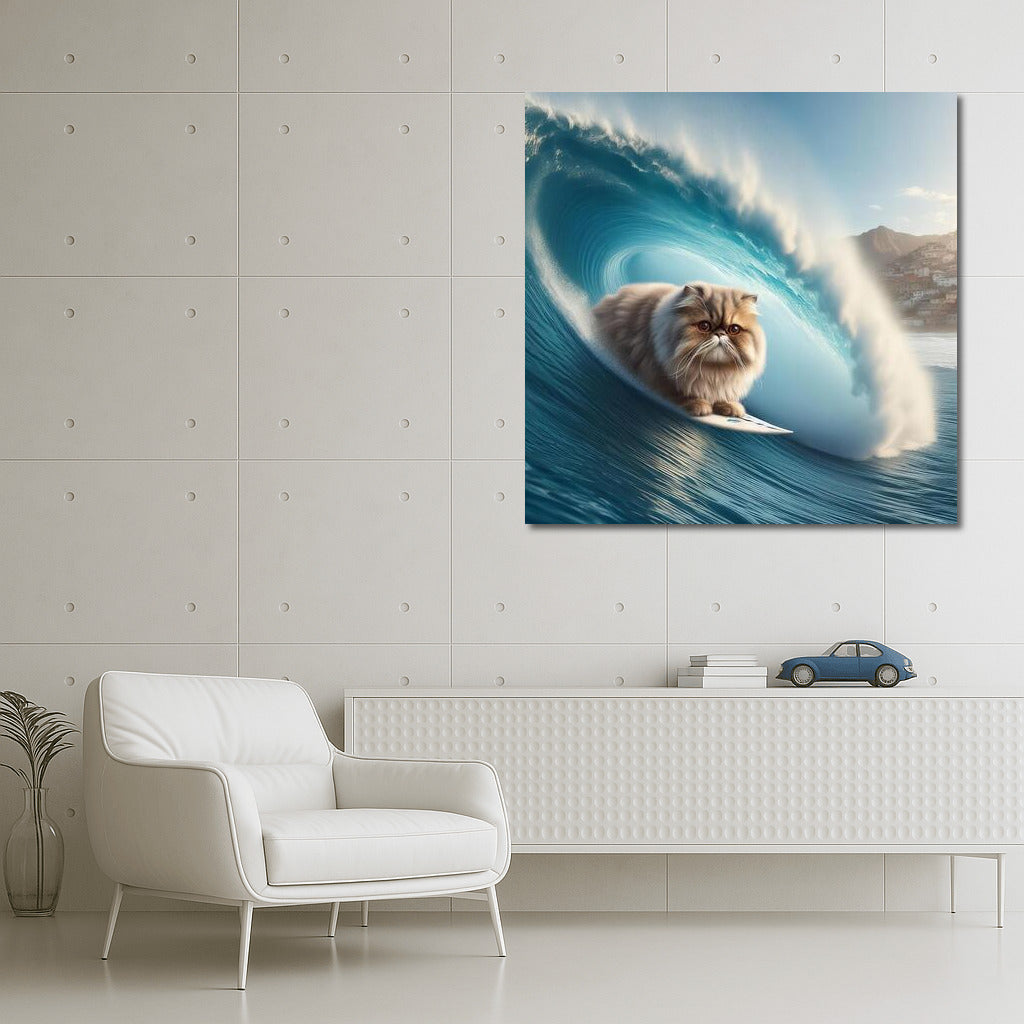 Persian Cat Surfer on a Giant Wave: Dynamics and Charm