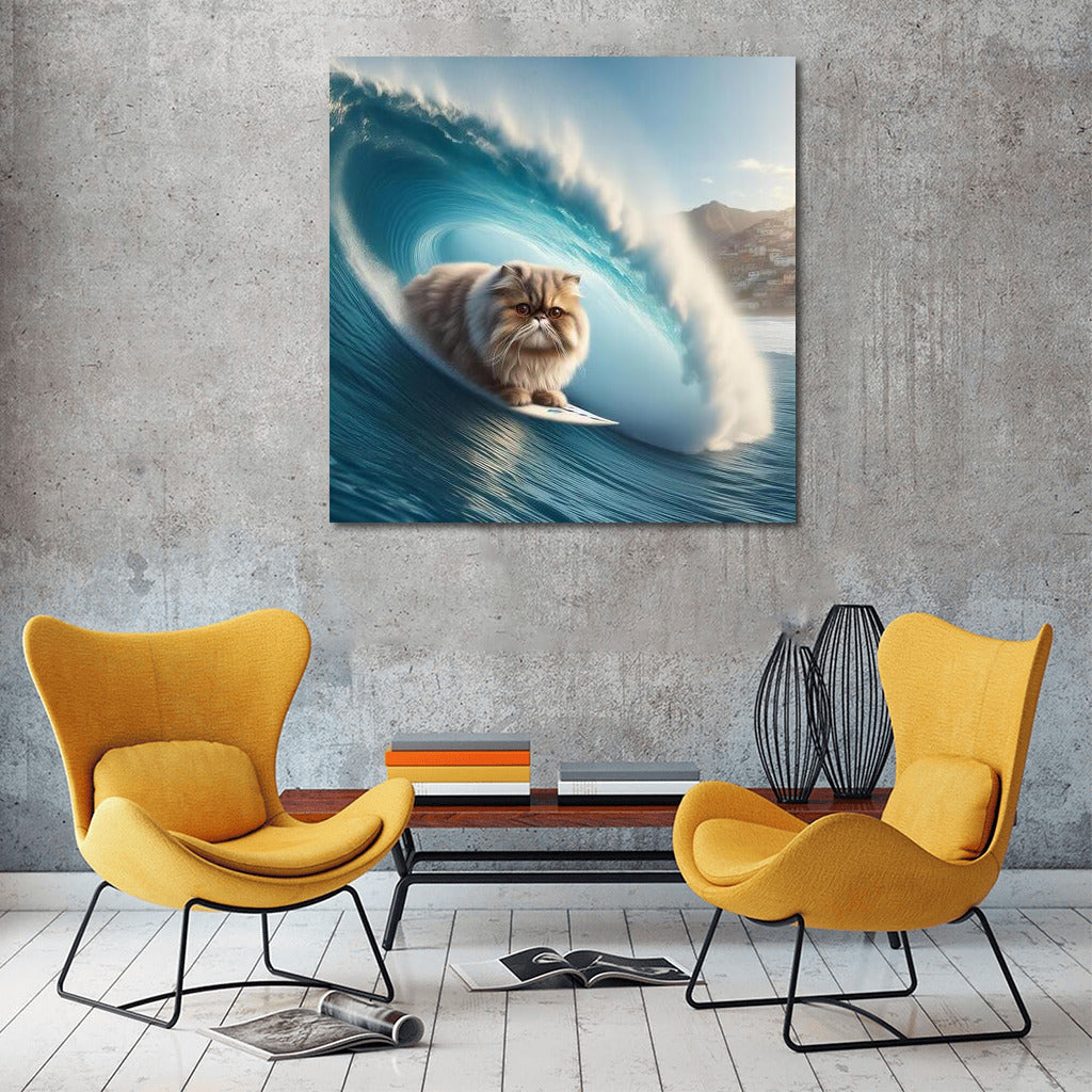 Persian Cat Surfer on a Giant Wave: Dynamics and Charm